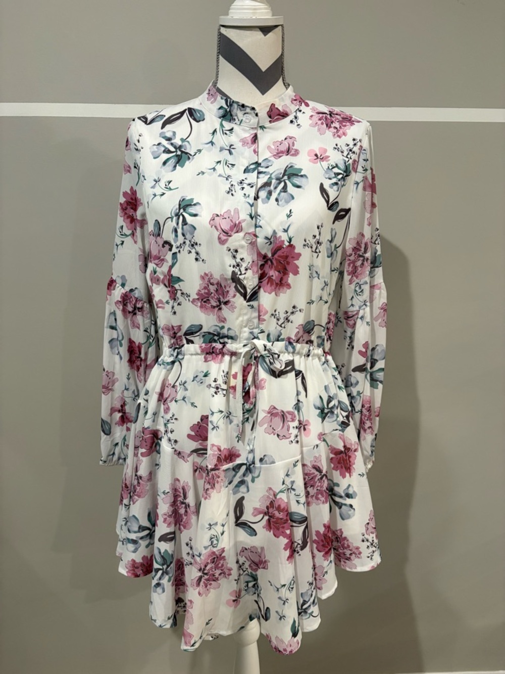 White Floral Long-Sleeve Tie-Waist Dress with Pink Blooms